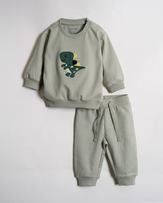 Twingle 100% Organic Cotton Sweatshirt & Joggers Set-Adjustable Waistband-Tag-Free Design-Sage Green-Solid-For Infants