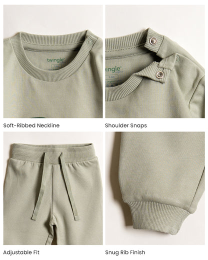 Twingle 100% Organic Cotton Jogger Set-Hypoallergenic Fabric-No Itchy Tags-Soft Elasticated Waistband-Long Sleeves-Solid-Sage Green-For Infants
