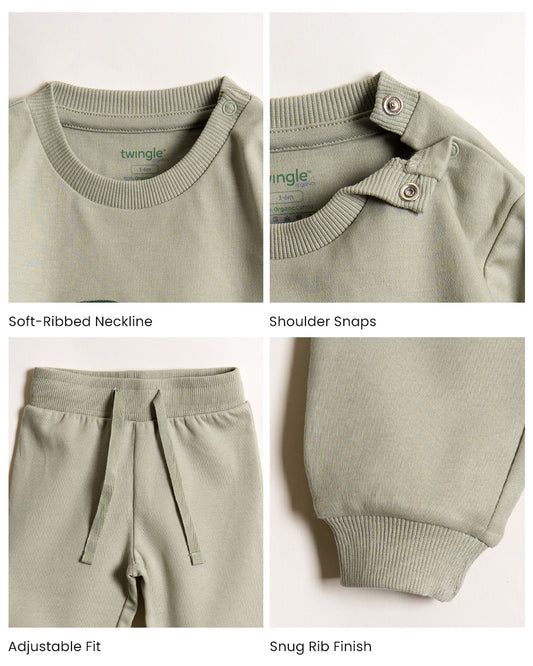Twingle 100% Organic Cotton Jogger Set-Hypoallergenic Fabric-No Itchy Tags-Soft Elasticated Waistband-Long Sleeves-Solid-Sage Green-For Infants