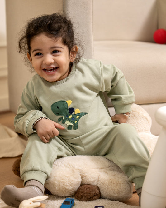 Twingle 100% Organic Cotton Sweatshirt & Joggers Set-Adjustable Waistband-Tag-Free Design-Sage Green-Solid-For Infants