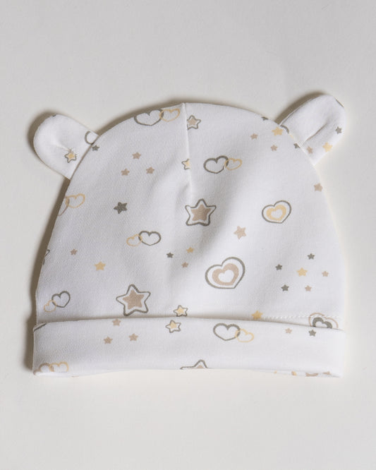 Twingle 100% Organic Cotton-Baby Cap, Booties & Mittens Set-Snug & Secure Fit-Tag-Free Comfort-White-Hearts & Stars Print-For Infants