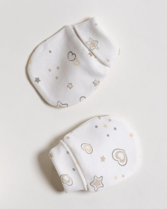 Twingle 100% Organic Cotton-Baby Cap, Booties & Mittens Set-Snug & Secure Fit-Tag-Free Comfort-White-Hearts & Stars Print-For Infants