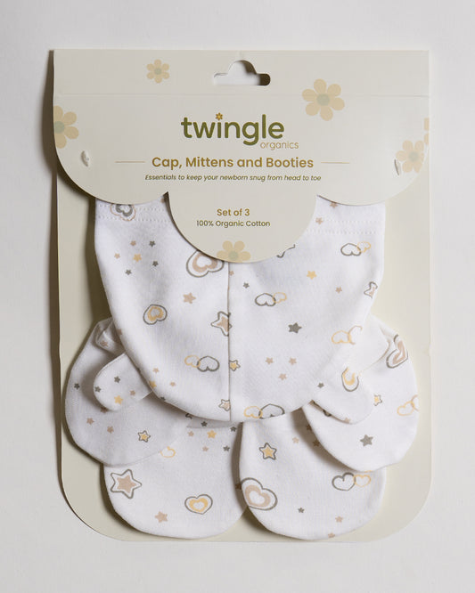 Twingle 100% Organic Cotton-Baby Cap, Booties & Mittens Set-Snug & Secure Fit-Tag-Free Comfort-White-Hearts & Stars Print-For Infants