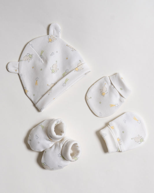 Twingle 100% Organic Cotton-Baby Cap, Booties & Mittens Set-Snug & Secure Fit-Tag-Free Comfort-White-Elephant Print-For Infants