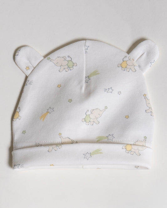 Twingle 100% Organic Cotton-Baby Cap, Booties & Mittens Set-Snug & Secure Fit-Tag-Free Comfort-White-Elephant Print-For Infants