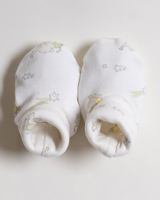 Twingle 100% Organic Cotton-Baby Cap, Booties & Mittens Set-Snug & Secure Fit-Tag-Free Comfort-White-Elephant Print-For Infants
