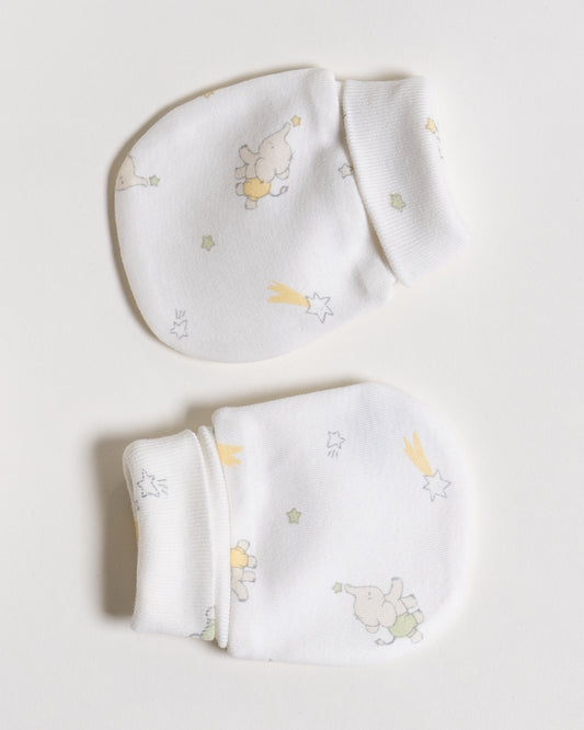 Twingle 100% Organic Cotton-Baby Cap, Booties & Mittens Set-Snug & Secure Fit-Tag-Free Comfort-White-Elephant Print-For Infants
