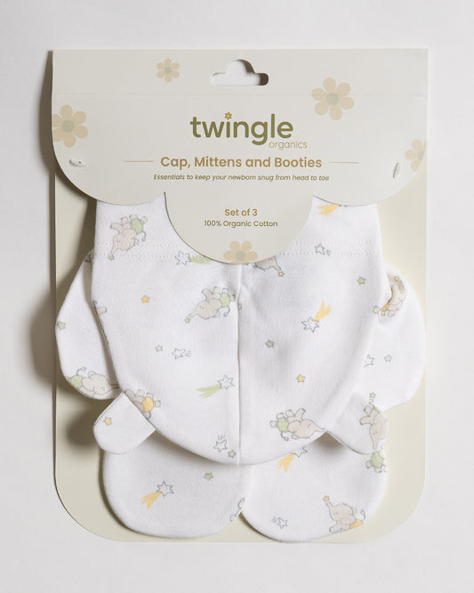 Twingle 100% Organic Cotton-Baby Cap, Booties & Mittens Set-Snug & Secure Fit-Tag-Free Comfort-White-Elephant Print-For Infants