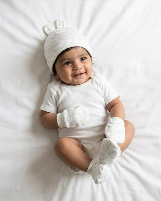 Twingle 100% Organic Cotton-Baby Cap, Booties & Mittens Set-Snug & Secure Fit-Tag-Free Comfort-White-Dino Print-For Infants