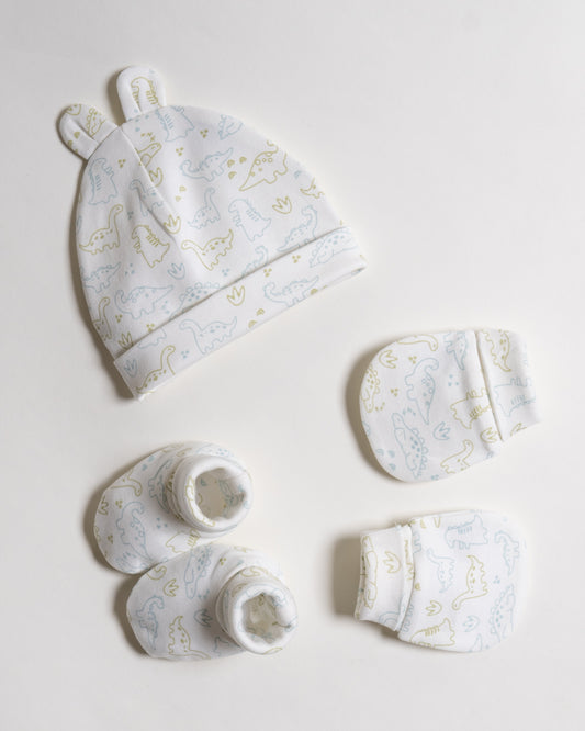 Twingle 100% Organic Cotton-Baby Cap, Booties & Mittens Set-Snug & Secure Fit-Tag-Free Comfort-White-Dino Print-For Infants