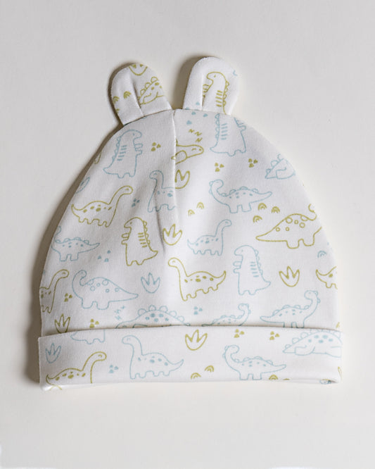 Twingle 100% Organic Cotton-Baby Cap, Booties & Mittens Set-Snug & Secure Fit-Tag-Free Comfort-White-Dino Print-For Infants