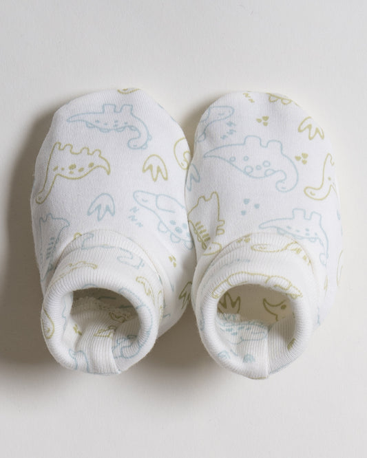 Twingle 100% Organic Cotton-Baby Cap, Booties & Mittens Set-Snug & Secure Fit-Tag-Free Comfort-White-Dino Print-For Infants