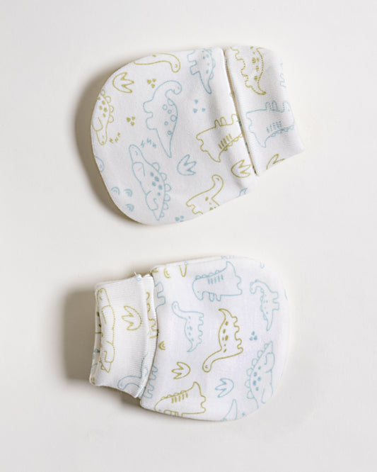 Twingle 100% Organic Cotton-Baby Cap, Booties & Mittens Set-Snug & Secure Fit-Tag-Free Comfort-White-Dino Print-For Infants