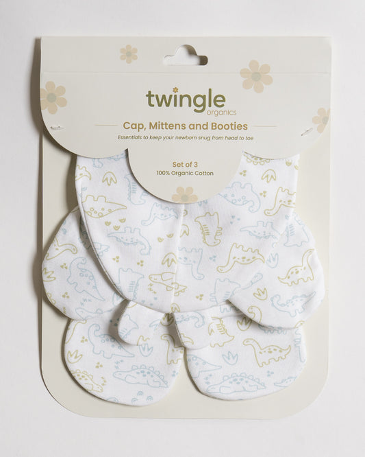 Twingle 100% Organic Cotton-Baby Cap, Booties & Mittens Set-Snug & Secure Fit-Tag-Free Comfort-White-Dino Print-For Infants