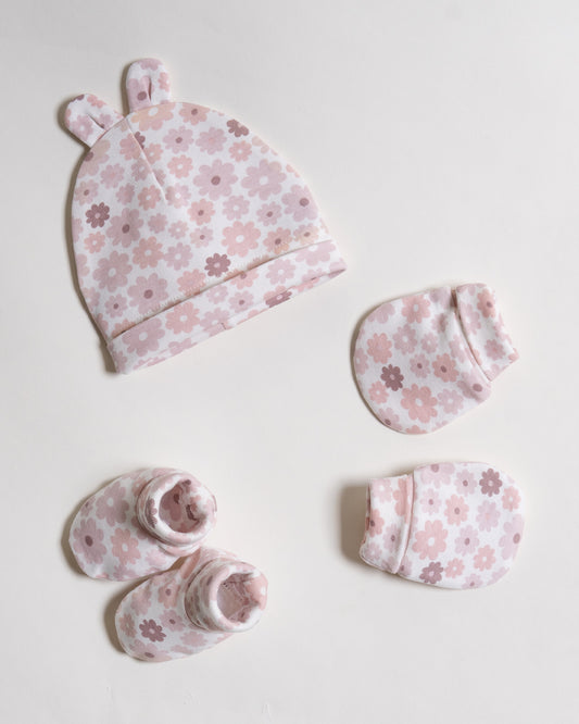 Twingle 100% Organic Cotton-Baby Cap, Booties & Mittens Set-Snug & Secure Fit-Tag-Free Comfort-White-Floral Print-For Infants