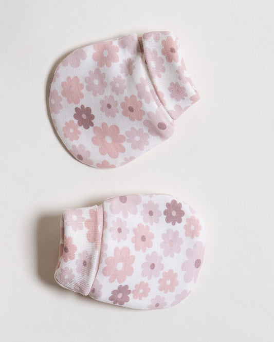 Twingle 100% Organic Cotton-Baby Cap, Booties & Mittens Set-Snug & Secure Fit-Tag-Free Comfort-White-Floral Print-For Infants