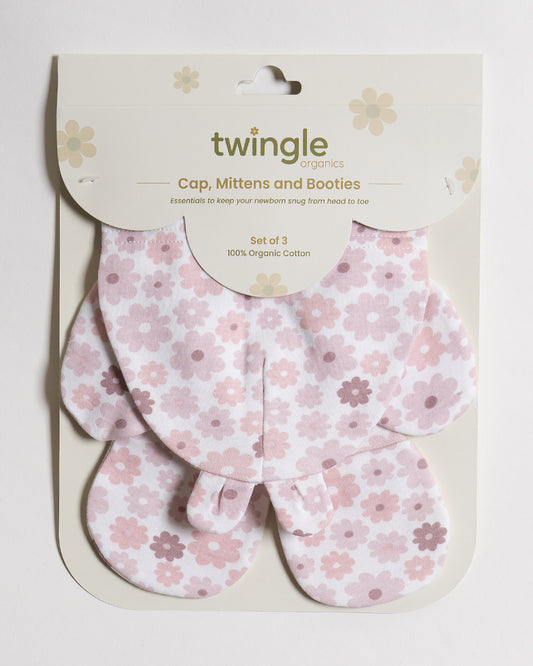 Twingle 100% Organic Cotton-Baby Cap, Booties & Mittens Set-Snug & Secure Fit-Tag-Free Comfort-White-Floral Print-For Infants