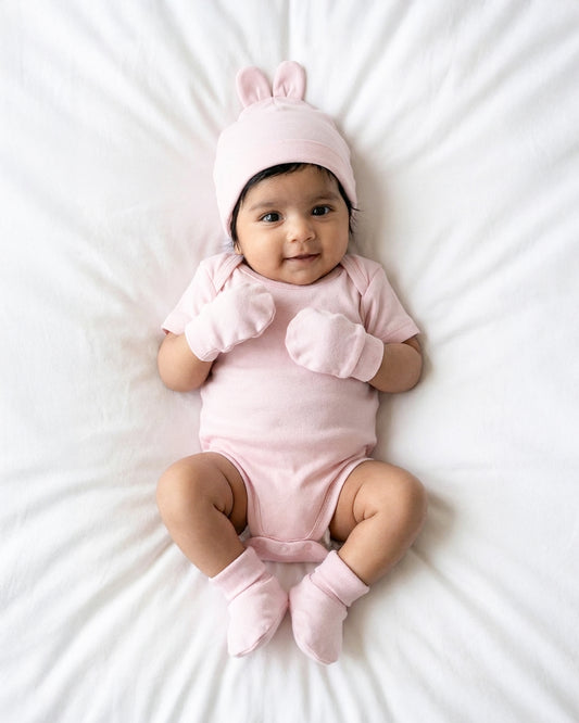Twingle 100% Organic Cotton-Baby Cap, Booties & Mittens Set-Snug & Secure Fit-Tag-Free Comfort-Pastel Pink-Solid-For Infants