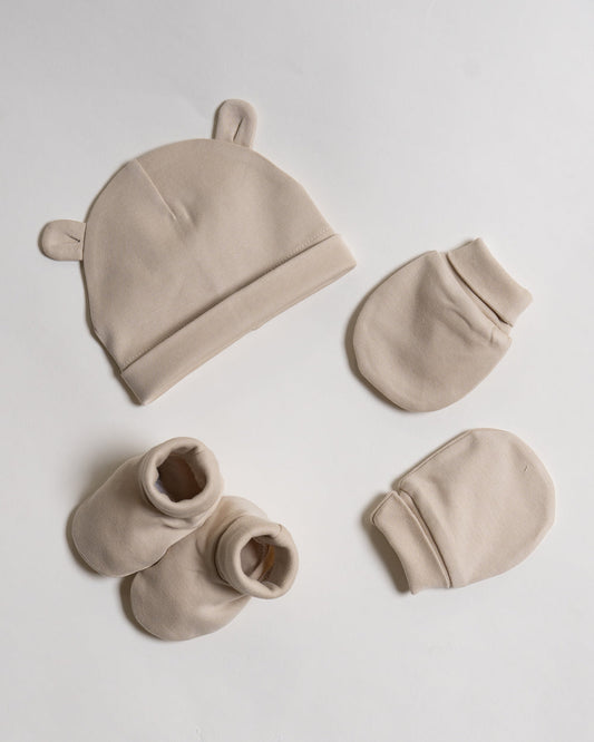 Twingle 100% Organic Cotton-Baby Cap, Booties & Mittens Set-Snug & Secure Fit-Tag-Free Comfort-Beige-Solid-For Infants