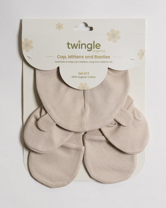 Twingle 100% Organic Cotton-Baby Cap, Booties & Mittens Set-Snug & Secure Fit-Tag-Free Comfort-Beige-Solid-For Infants