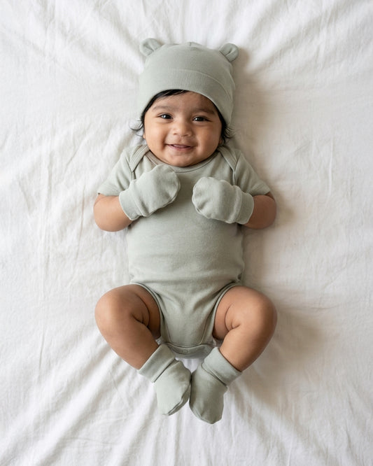 Twingle 100% Organic Cotton-Baby Cap, Booties & Mittens Set-Snug & Secure Fit-Tag-Free Comfort-Sage Green-Solid-For Infants