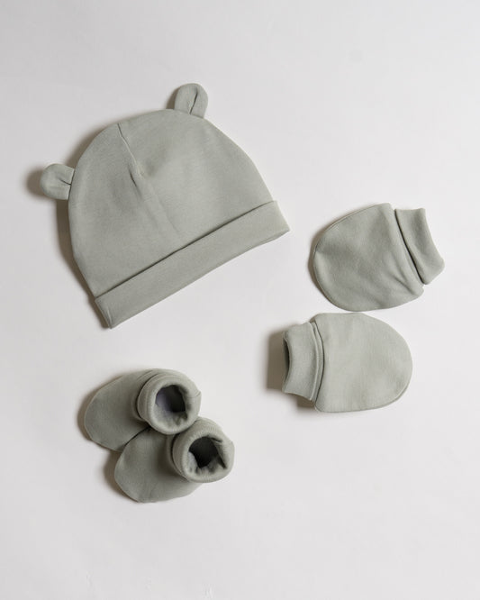 Twingle 100% Organic Cotton-Baby Cap, Booties & Mittens Set-Snug & Secure Fit-Tag-Free Comfort-Sage Green-Solid-For Infants