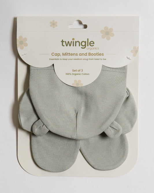 Twingle 100% Organic Cotton-Baby Cap, Booties & Mittens Set-Snug & Secure Fit-Tag-Free Comfort-Sage Green-Solid-For Infants