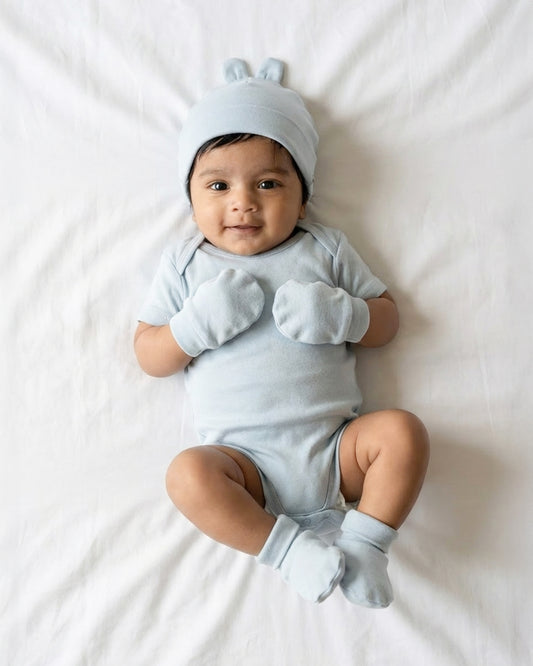 Twingle 100% Organic Cotton-Baby Cap, Booties & Mittens Set-Snug & Secure Fit-Tag-Free Comfort-Light Blue-Solid-For Infants