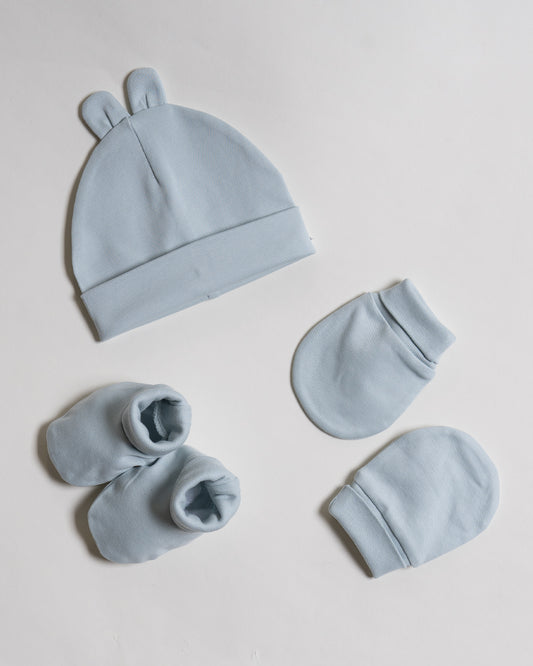 Twingle 100% Organic Cotton-Baby Cap, Booties & Mittens Set-Snug & Secure Fit-Tag-Free Comfort-Light Blue-Solid-For Infants