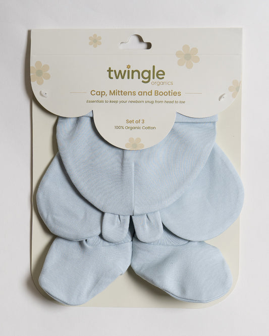 Twingle 100% Organic Cotton-Baby Cap, Booties & Mittens Set-Snug & Secure Fit-Tag-Free Comfort-Light Blue-Solid-For Infants