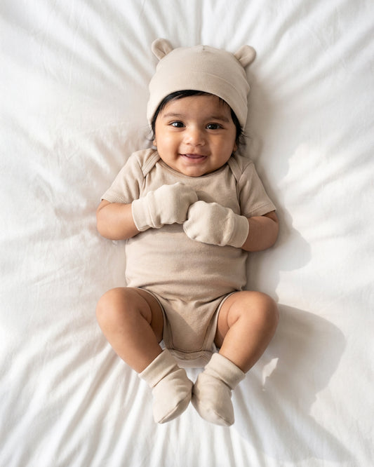 Twingle 100% Organic Cotton-Baby Cap, Booties & Mittens Set-Snug & Secure Fit-Tag-Free Comfort-Beige-Solid-For Infants