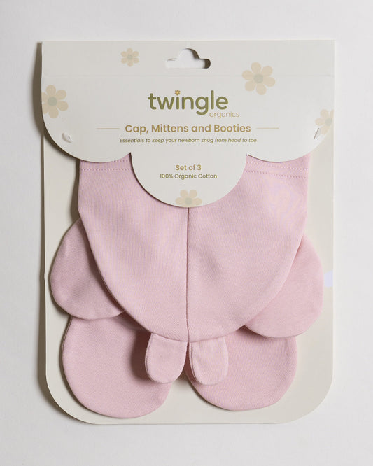 Twingle 100% Organic Cotton-Baby Cap, Booties & Mittens Set-Snug & Secure Fit-Tag-Free Comfort-Pastel Pink-Solid-For Infants