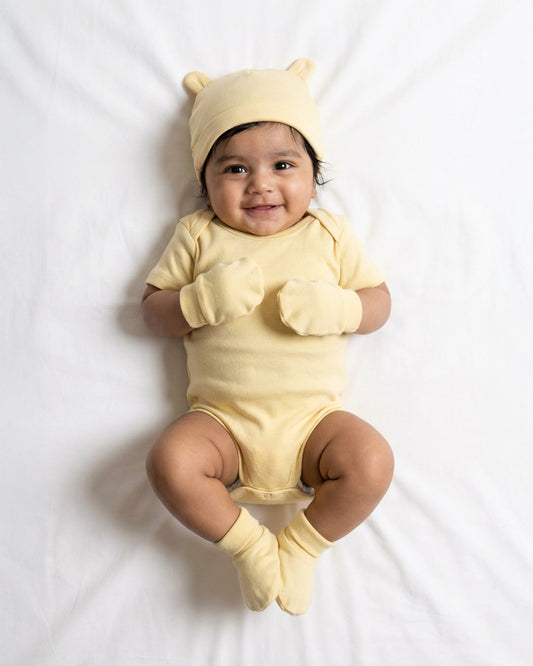 Twingle 100% Organic Cotton-Baby Cap, Booties & Mittens Set-Snug & Secure Fit-Tag-Free Comfort-Yellow-Solid-For Infants