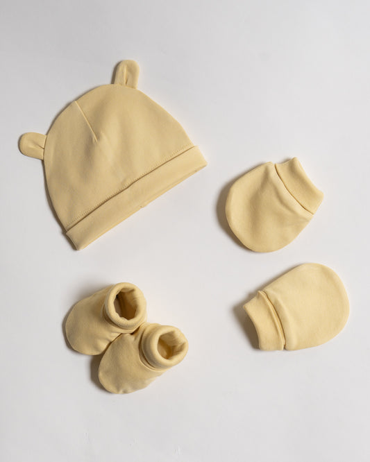 Twingle 100% Organic Cotton-Baby Cap, Booties & Mittens Set-Snug & Secure Fit-Tag-Free Comfort-Yellow-Solid-For Infants