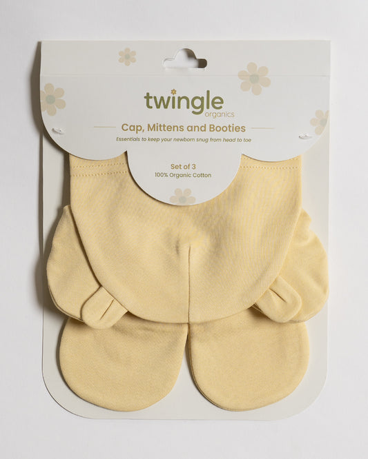 Twingle 100% Organic Cotton-Baby Cap, Booties & Mittens Set-Snug & Secure Fit-Tag-Free Comfort-Yellow-Solid-For Infants