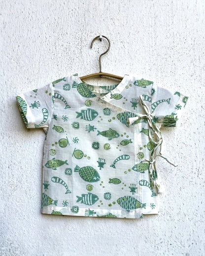 Whitewater Kids Green Jhabla-Half Sleeves-Animal Pattern-Organic Cotton-For Infants