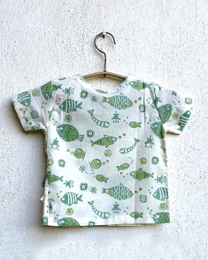 Whitewater Kids Green Jhabla-Half Sleeves-Animal Pattern-Organic Cotton-For Infants