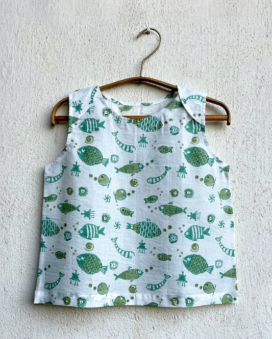 Whitewater Kids Mint Top-Sleeveless-Animal Pattern-Organic Cotton-For Infants