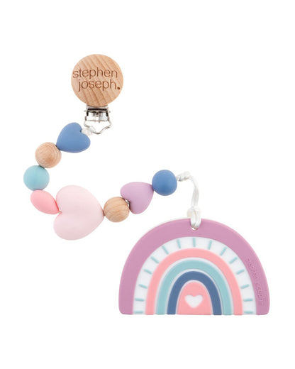 Stephen Joseph Silicone Teether with Pacifier Clip-Easy Grip-Smooth Edges-Rainbow