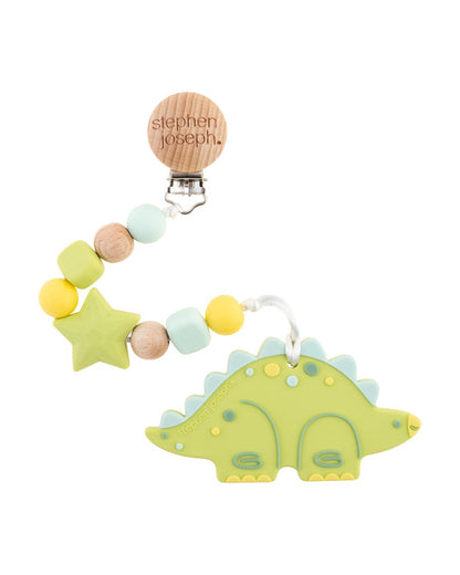 Stephen Joseph Silicone Teether with Pacifier Clip-Easy Grip-Smooth Edges-Dino