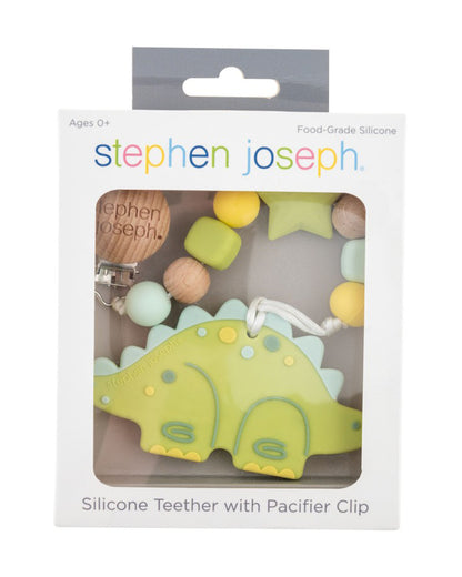 Stephen Joseph Silicone Teether with Pacifier Clip-Easy Grip-Smooth Edges-Dino