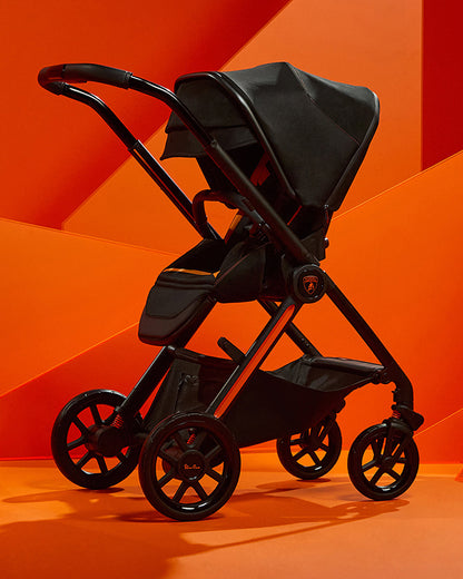 Lamborghini x Silver Cross Edition Reef Al Arancio Stroller & Carry Cot-Italian Leather Details-Height Adjustable Parent Handle Bar-Reversible & Flat Reclining Seat-High Gloss Polycarbonate Carry Cot-For 0 to 4Y (Upto 22 Kg)-Arancio