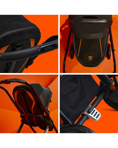 Lamborghini x Silver Cross Edition Reef Al Arancio Stroller & Carry Cot-Italian Leather Details-Height Adjustable Parent Handle Bar-Reversible & Flat Reclining Seat-High Gloss Polycarbonate Carry Cot-For 0 to 4Y (Upto 22 Kg)-Arancio
