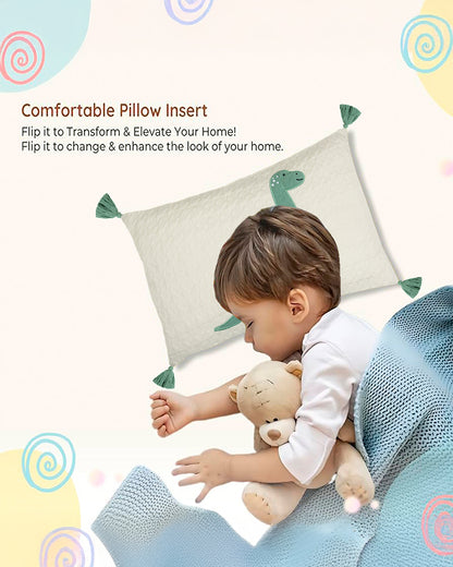 Pomme Cute Quilt Dino Knitted Baby Cushion with Filler-White & Sage-For Infants