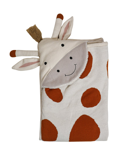 Pomme Giraffe Knitted Ultra Soft Hooded Blanket-100% Cotton-Red & White-For Infants