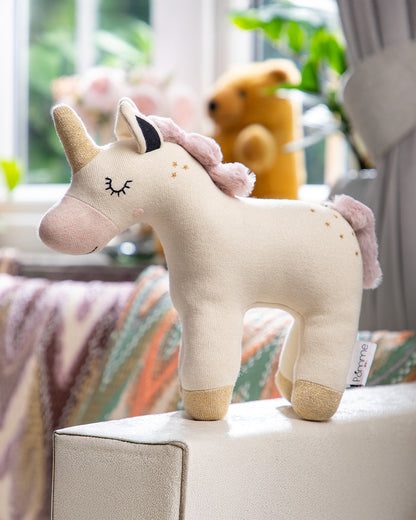 Pomme Gold Lurex Unicorn Knitted Stuffed Soft Toy-Plush Cuddly Toy For Newborn