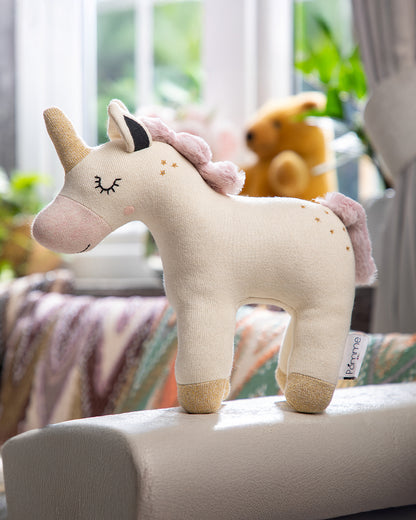Pomme Gold Lurex Unicorn Knitted Stuffed Soft Toy-Plush Cuddly Toy For Newborn