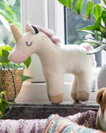 Pomme Gold Lurex Unicorn Knitted Stuffed Soft Toy-Plush Cuddly Toy For Newborn