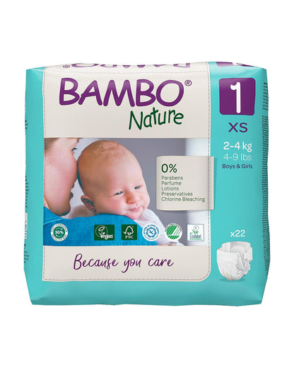Bambo Nature Tape Diapers-Size 1, XS (2-4 Kg)-Chlorine Free-With Wetness Indicator-Dermatologically Tested