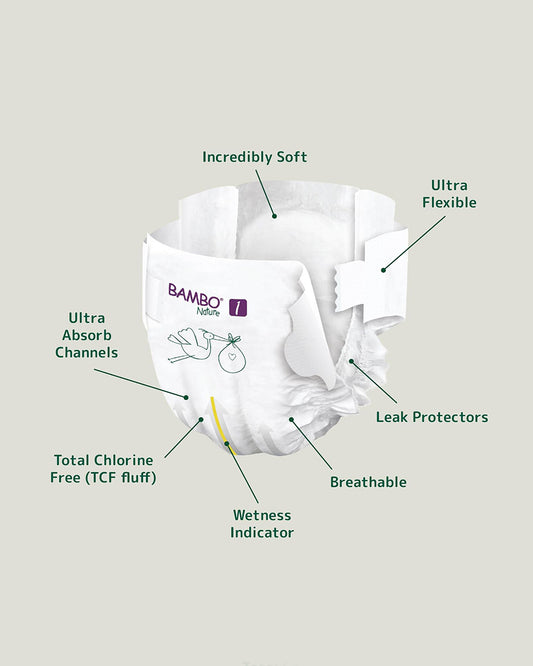 Bambo Nature Tape Diapers-Size 1, XS (2-4 Kg)-Chlorine Free-With Wetness Indicator-Dermatologically Tested